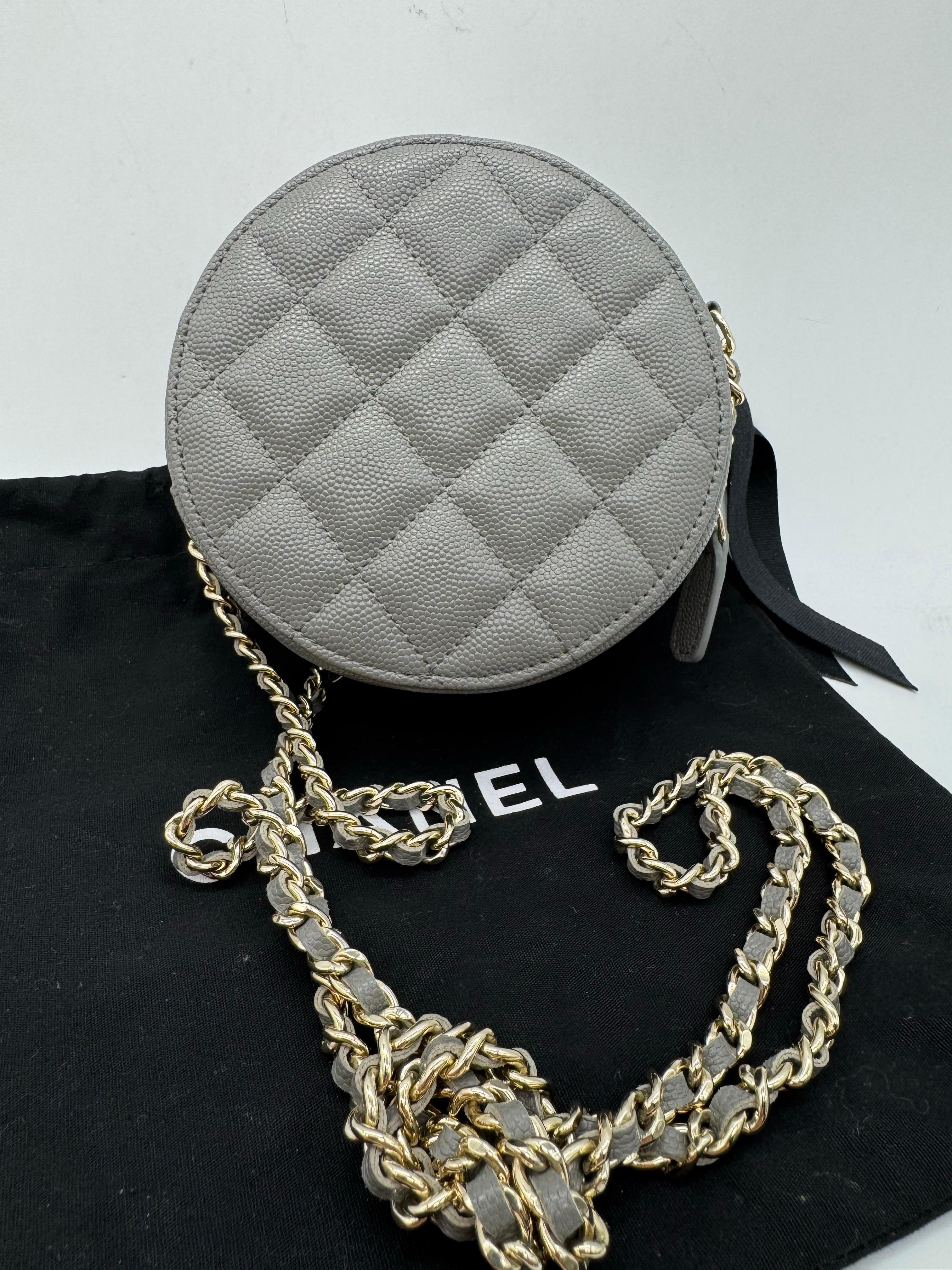 Chanel Round Sling Clutch w Chain French New Wave Grey Caviar For Sale 1