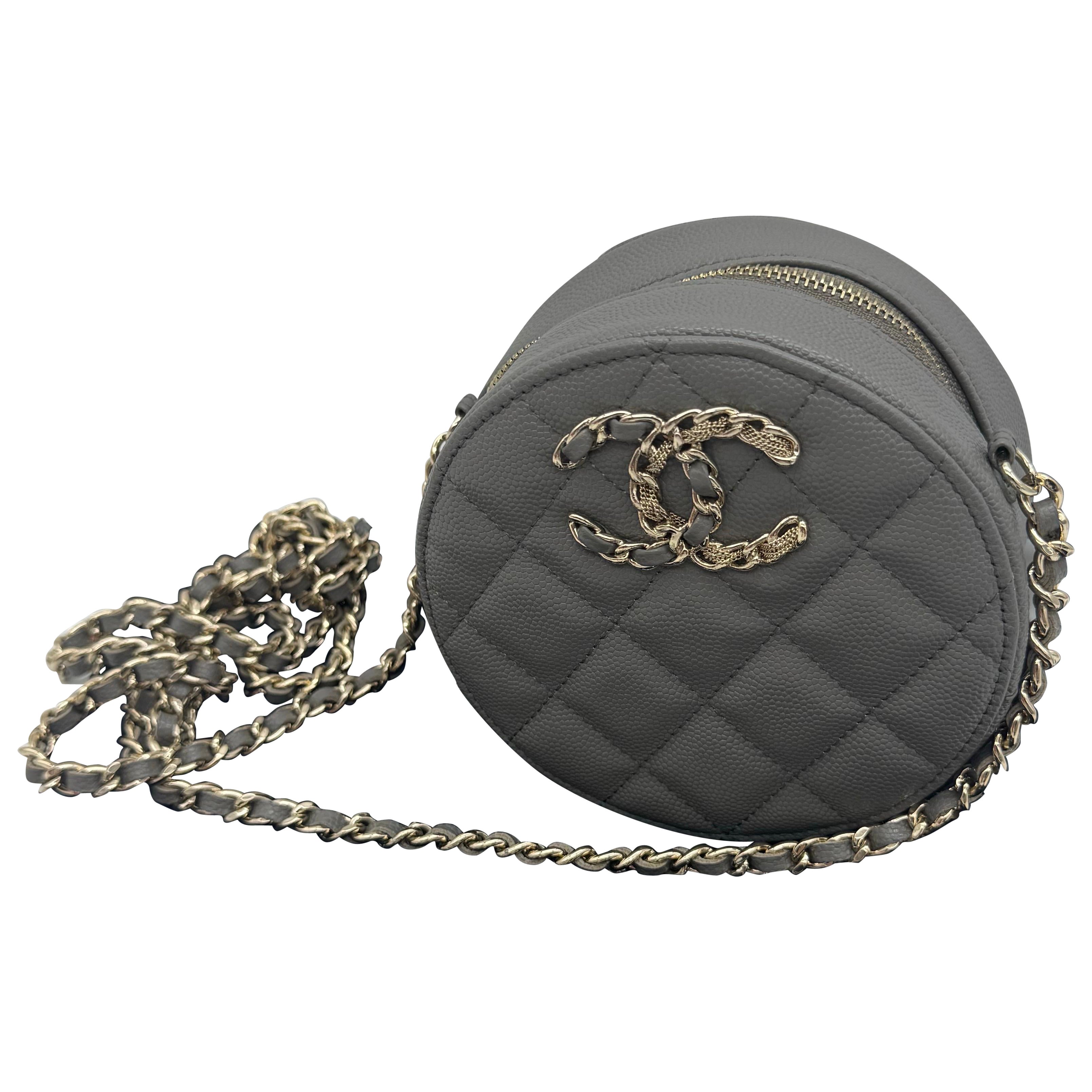 Chanel Round Sling Clutch w Chain French New Wave Grey Caviar For Sale