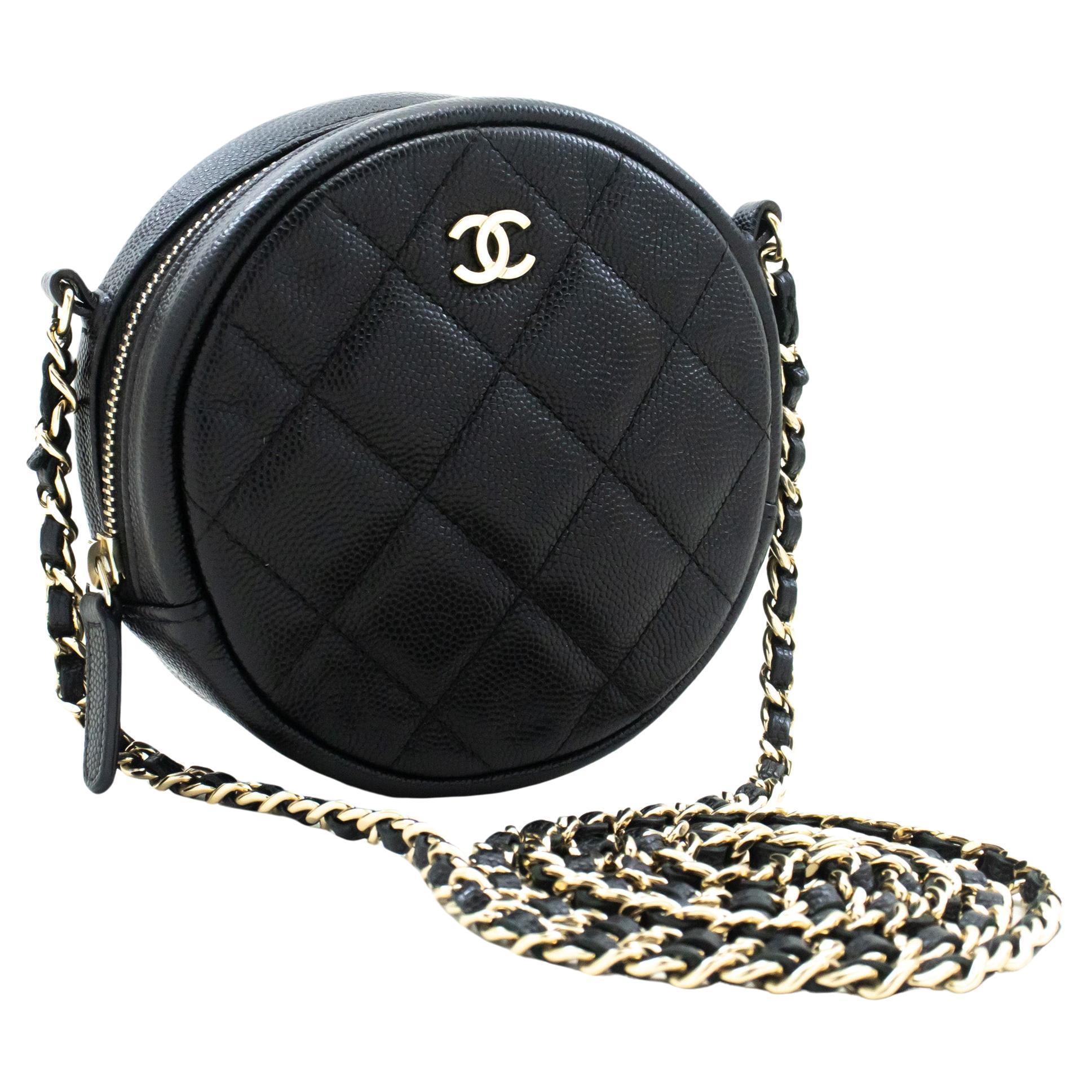 CHANEL Round Zip Caviar Small Chain Shoulder Bag Black Quilted For Sale