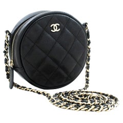 CHANEL Round Zip Caviar Small Chain Shoulder Bag Black Quilted