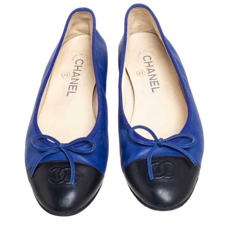 Chanel Royal Blue/Black Leather Bow CC Cap Toe Ballet Flats Size 37.5 ...