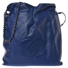 Chanel Royal Blue Caviar Leather Timeless Faux Drawstring Shopping Tote