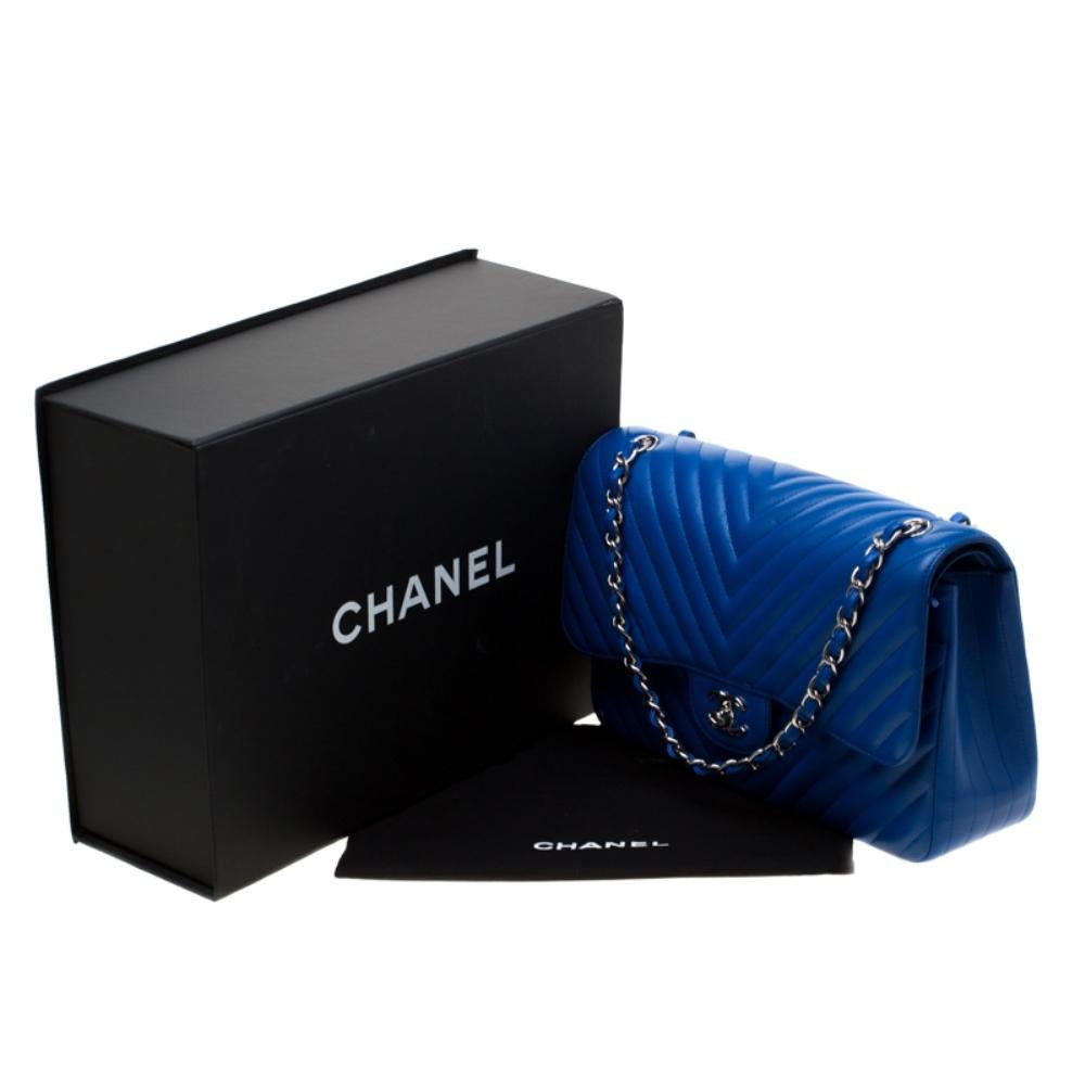 Chanel Royal Blue Chevron Quilted Leather Jumbo Classic Double Flap Bag 5