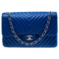 Chanel Royal Blue Chevron Quilted Leather Jumbo Classic Double Flap Bag