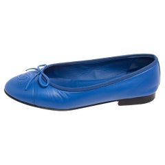Chanel Royal Blue Leather CC Bow Cap-Toe Ballet Flats Size 36.5