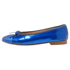 Chanel Royal Blue Patent and Leather CC Cap-Toe Bow Ballet Flats Size 38.5