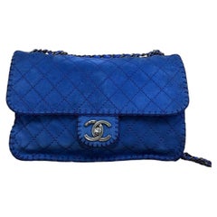 Chanel Royal Blue Suede Whipstitch Flap Jumbo Bag Silver Hardware