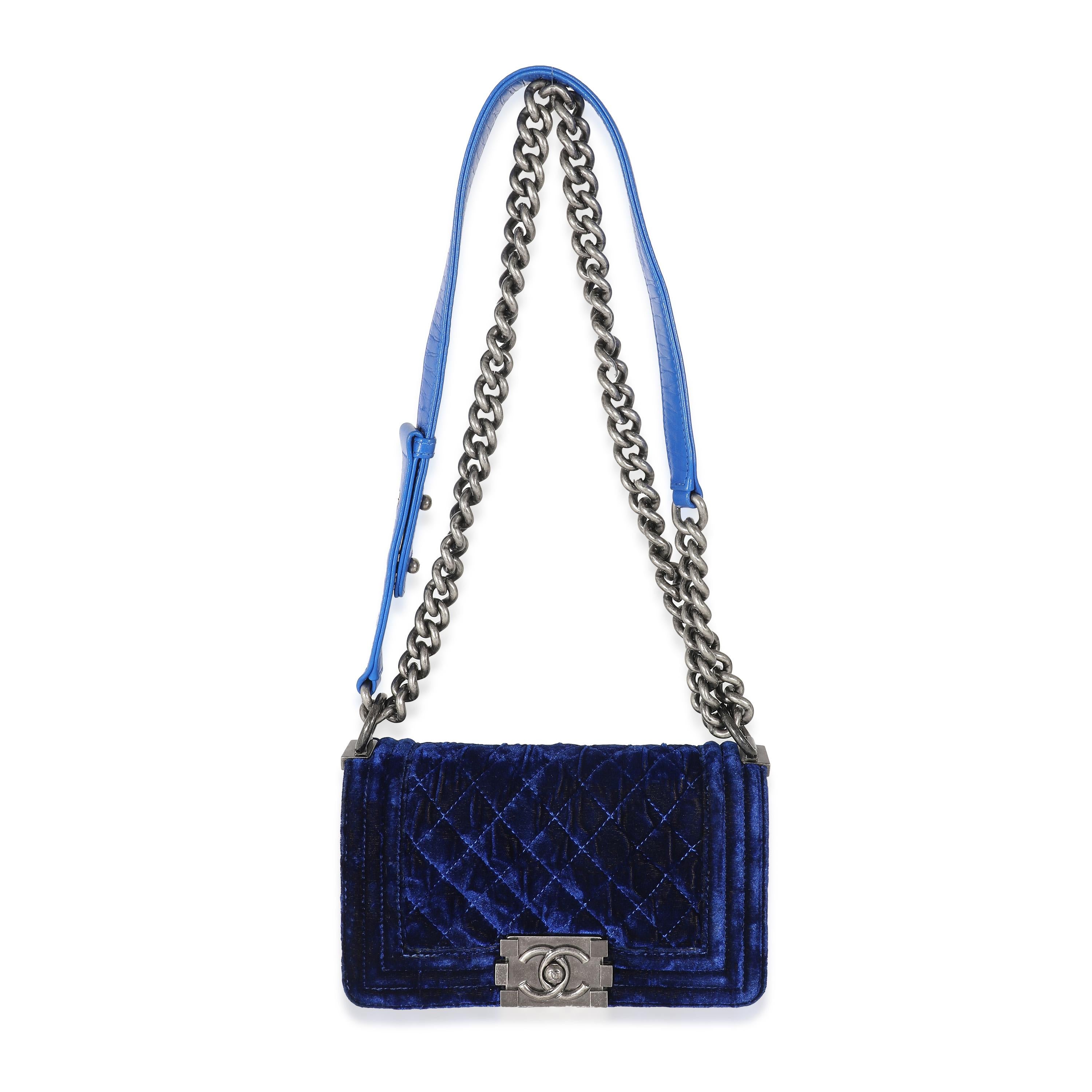 Listing Title: Chanel Royal Blue Velvet Small Boy Bag
SKU: 133278
Condition: Pre-owned 
Condition Description: An instant classic, the Boy bag from Chanel was introduced in 2011. The quilted bag was designed by the late Karl Lagerfeld, who was