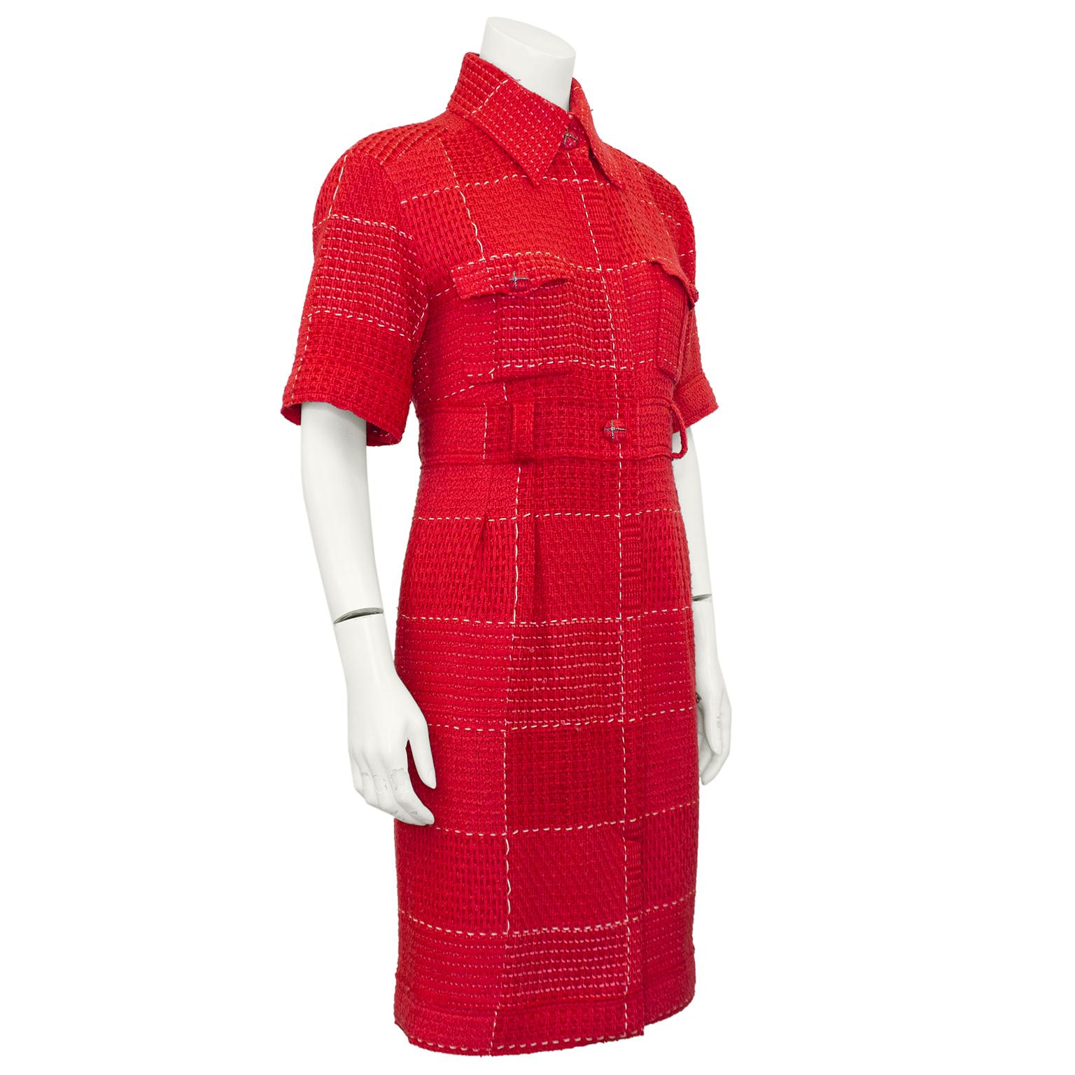 Chanel shirtdress from the Autumn 2007 runway collection. This dress was look 5/67 on the runway under the glass dome of the Grand Palais, and worn by Behati Prinsloo. Vibrant red wool tweed with white top stitching creating squares, so the entire