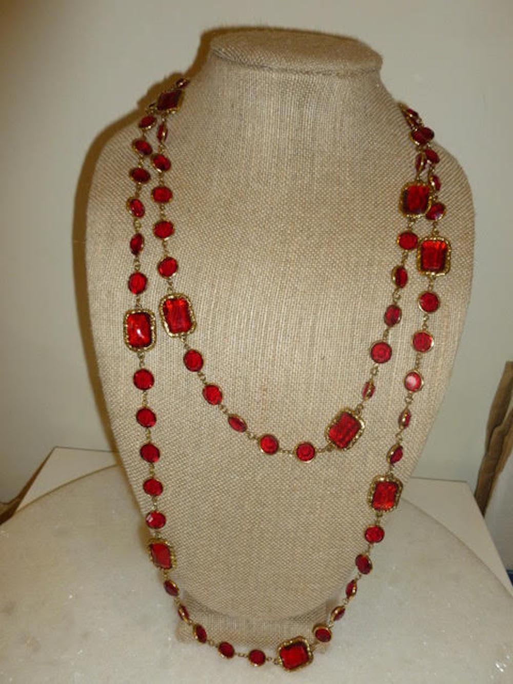 Chanel Ruby Red Crystal Chicklet Sautoir Necklace Vintage 6