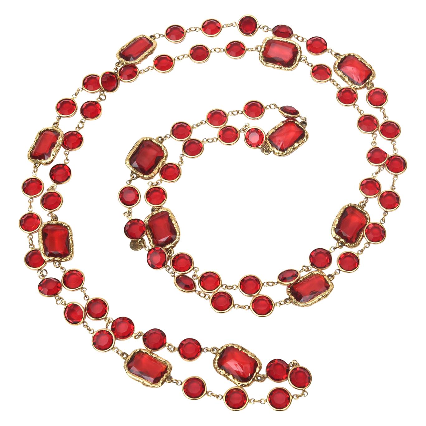 Chanel Ruby Red Crystal Chicklet Sautoir Necklace Vintage