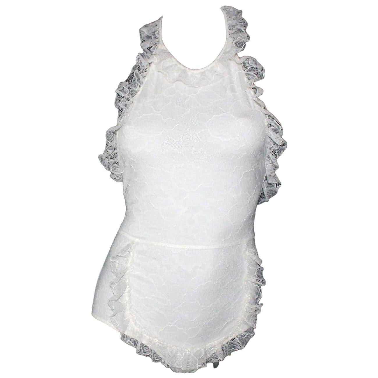 Chanel Ruched Camellia Lace One-Piece Signature Body Bodysuit Swimsuit