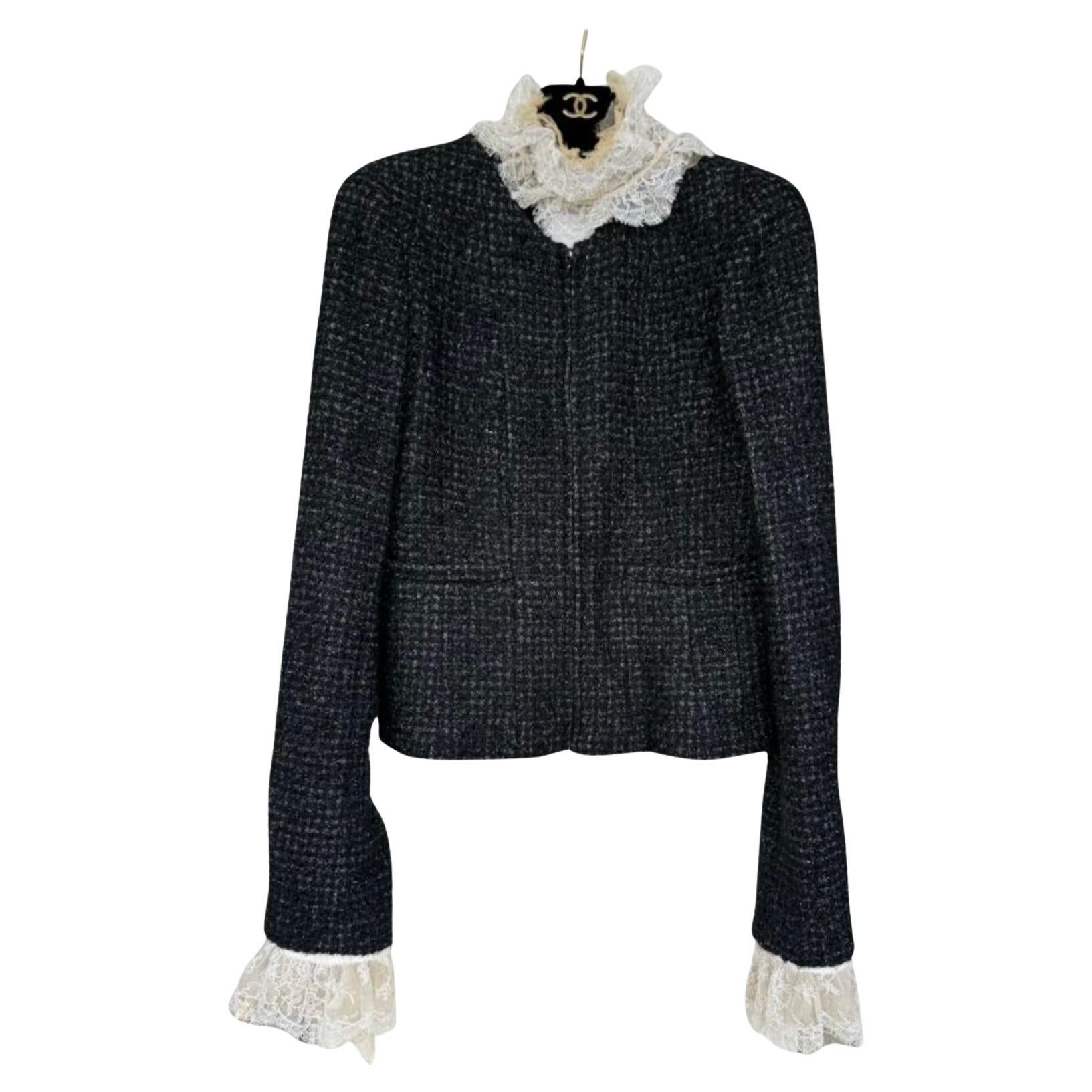 Chanel Ruffle Collar and Cuffs Black Lesage Tweed Jacket For Sale