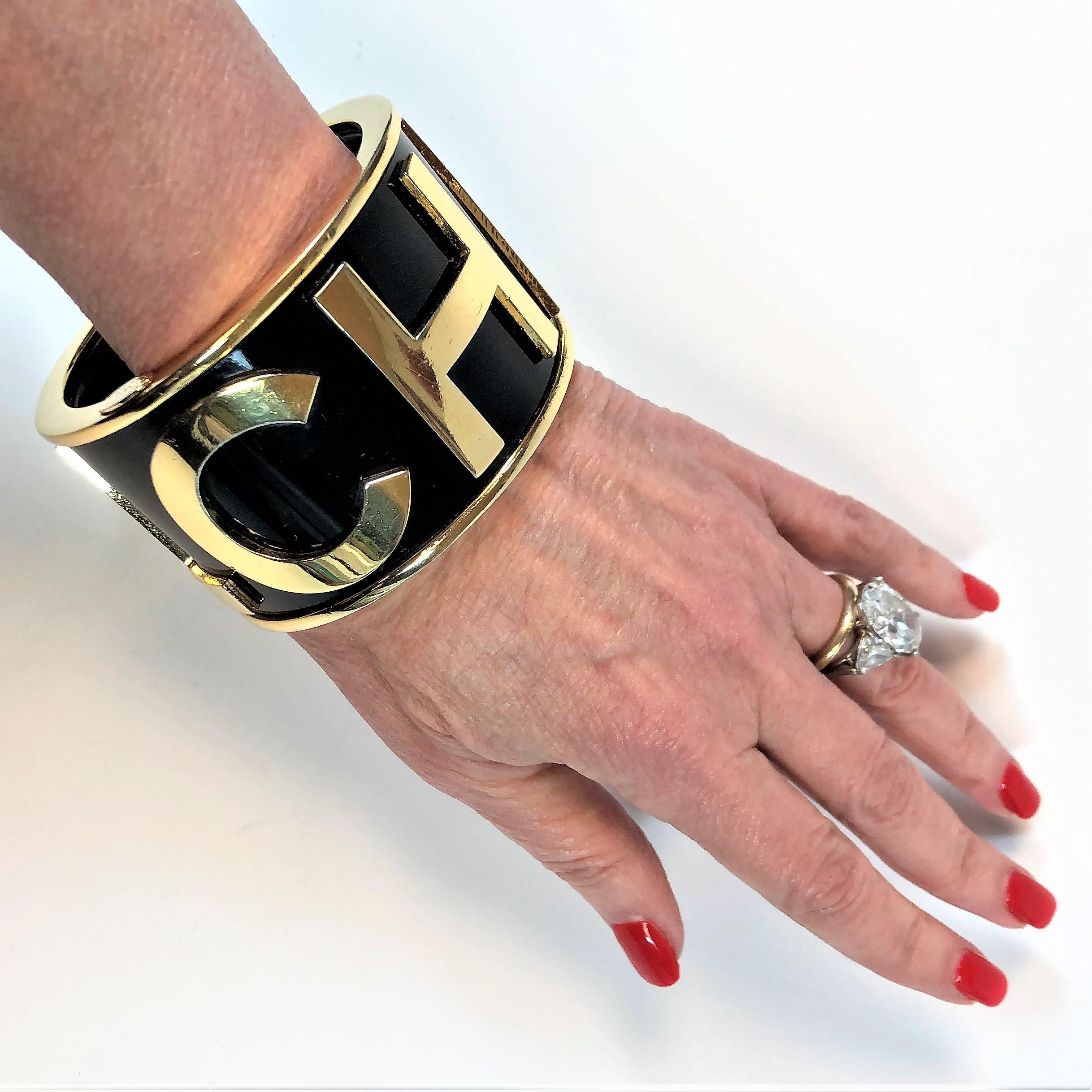 Chanel Runway 1986 Large Black Cuff With CHANEL Spelled out  in Gold Tone   1