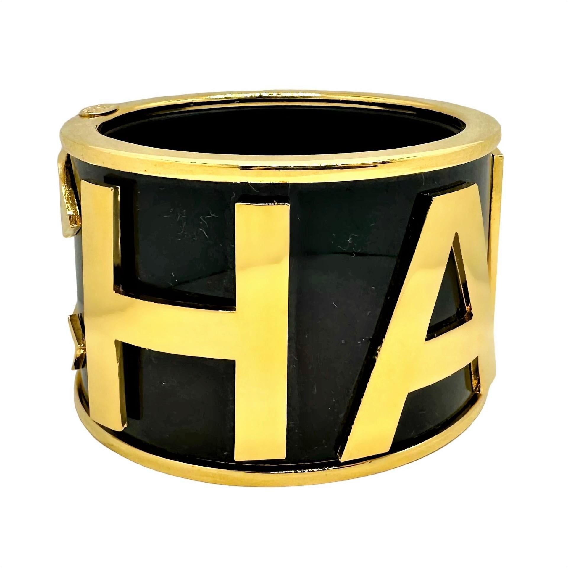 Modern Chanel Runway 1986 Wide Cuff Bangle w/CHANEL Spelled out In Gold Tone Letters  For Sale
