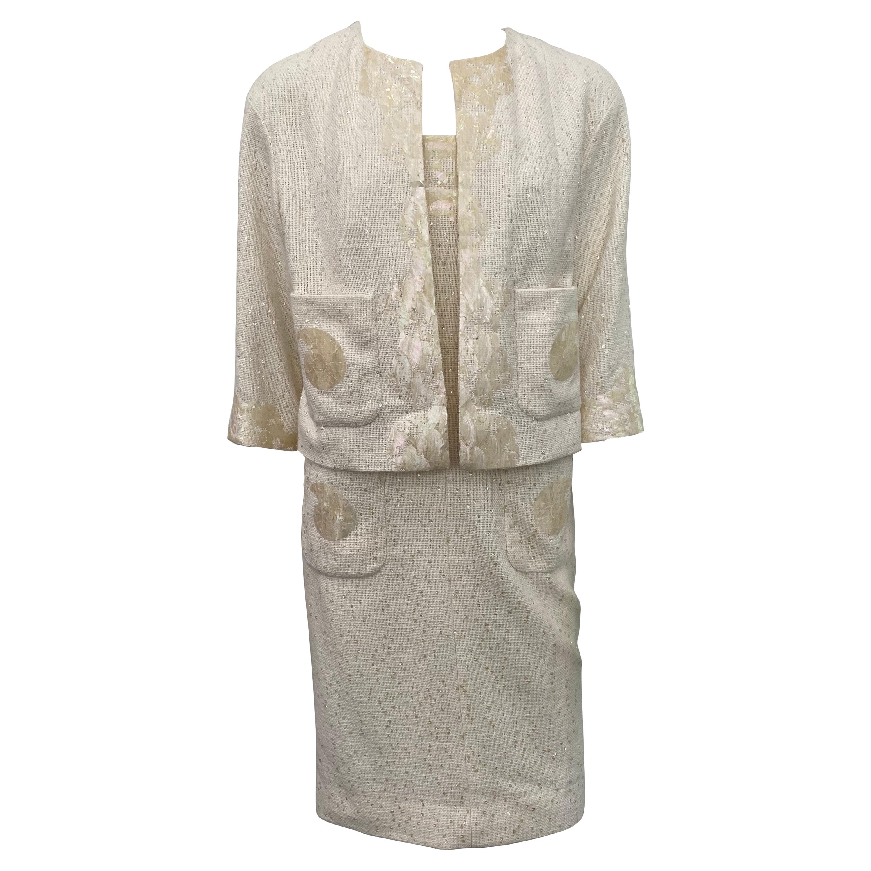 Chanel Pasarela 2012P Vestido sin tirantes adornado de algodón crema con chaqueta-Talla 40