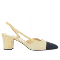 CHANEL Runway beige suede black grosgrain cap toe slip on slingback pumps EU38