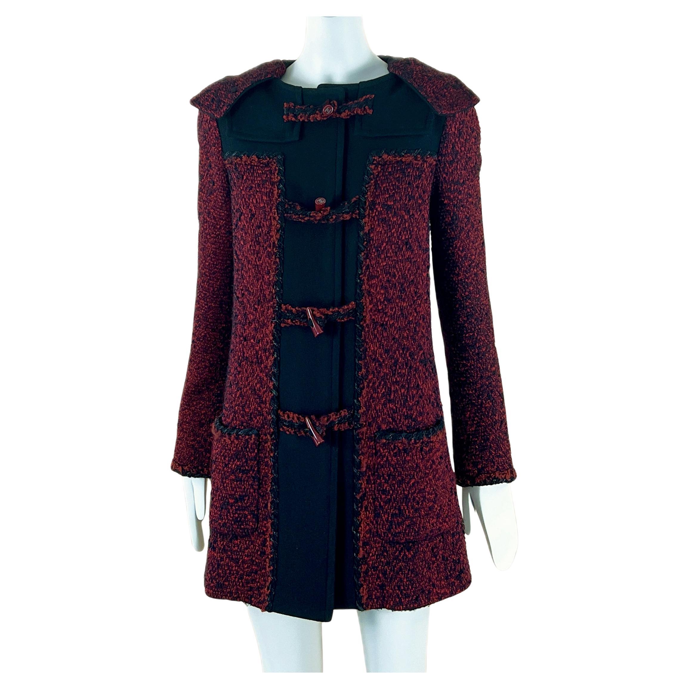 Chanel Runway Black & Burgundy Tweed Coat 40 FR For Sale