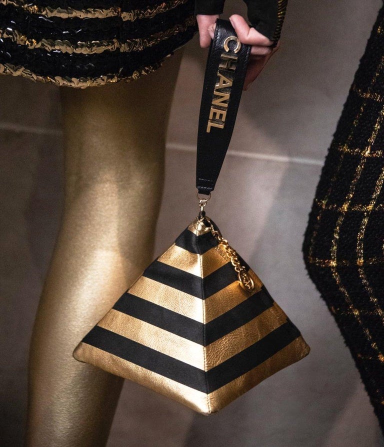 Chanel Runway Black Gold Stripe Small Mi Top Handle Evening Wristlet