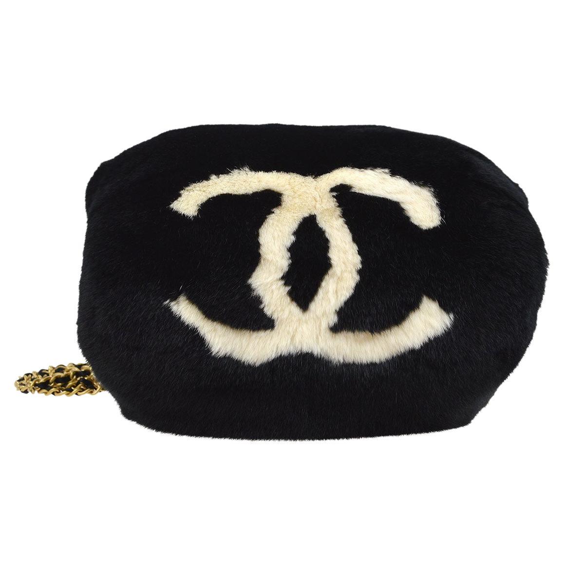  CHANEL Runway Black Lapin Rabbit Fur CC Logo Gold Mitt Shoulder Bag