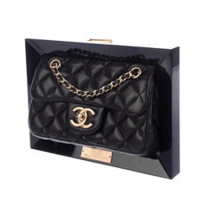 Chanel Runway Black Leather Canvas Plastic Gold Evening Shoulder Flap Bag in Box