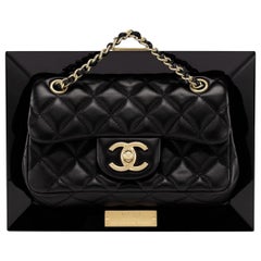 Chanel Runway Black Leather Canvas Plastic Gold Evening Shoulder Flap Bag in Box