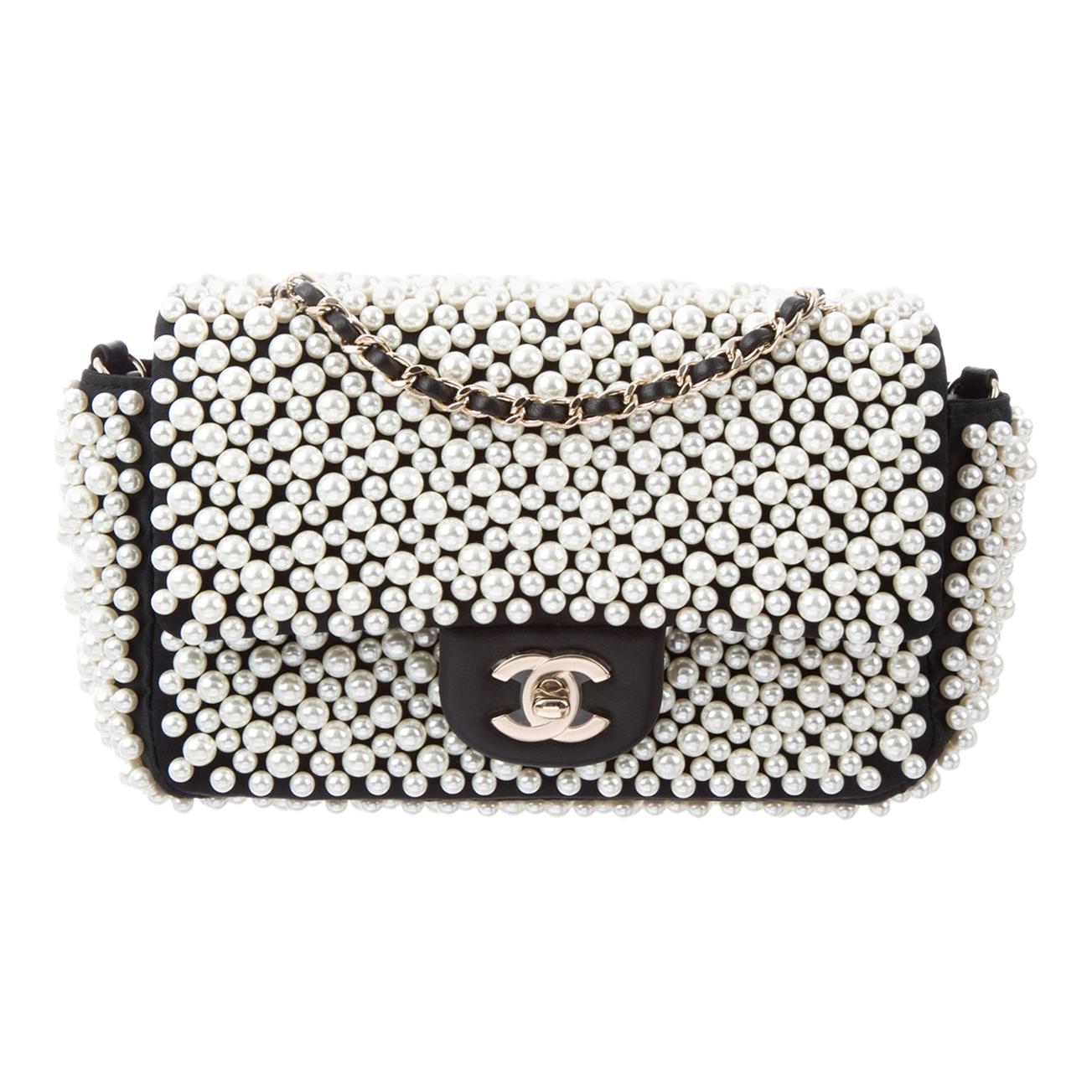 Chanel Runway Black Leather Pearl Gold Small Evening Shoulder Flap Bag