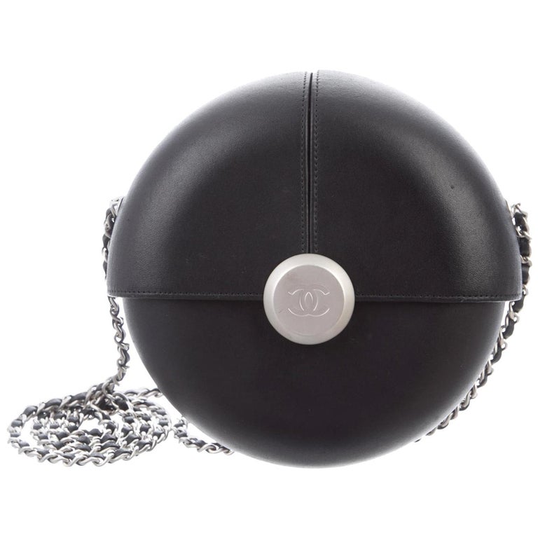 Chanel Runway Black Leather Silver Small Round Evening Clutch Shoulder Bag