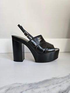 Chanel Runway Black Patent Platform Slingback Sandals CC Heels EU 40.5 US 10.5