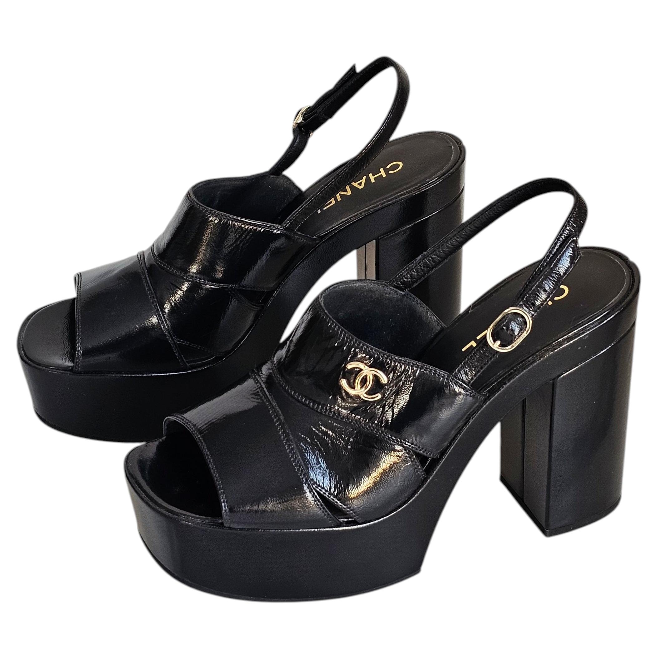 Chanel Runway Black Patent Platform Slingback Sandals CC Heels EU 40.5 US 10.5