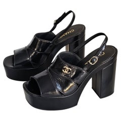 Chanel Runway Black Patent Platform Slingback Sandals CC Heels EU 40.5 US 10.5