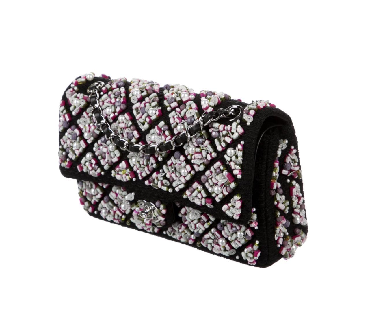 Chanel Runway Black Pink Purple Tweed Bead Sequin Medium Evening Shoulder Bag In Good Condition For Sale In Chicago, IL