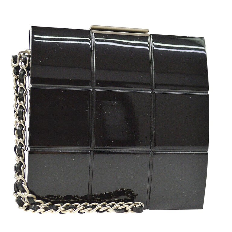 Chanel Runway Black Plastic Silver Chain Evening Clutch Bag For Sale at