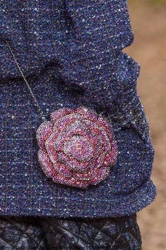 Chanel Runway Black Resin Pink Strass Flower Evening Clutch Shoulder Bag in Box