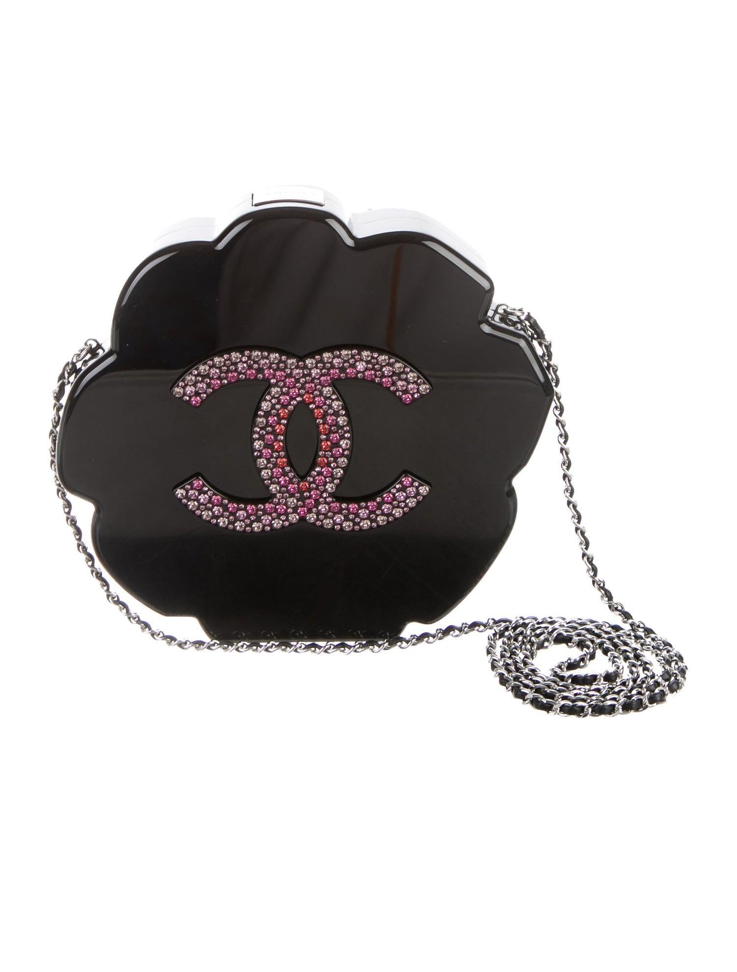 Brown Chanel Runway Black Resin Pink Strass Flower Evening Clutch Shoulder Bag in Box