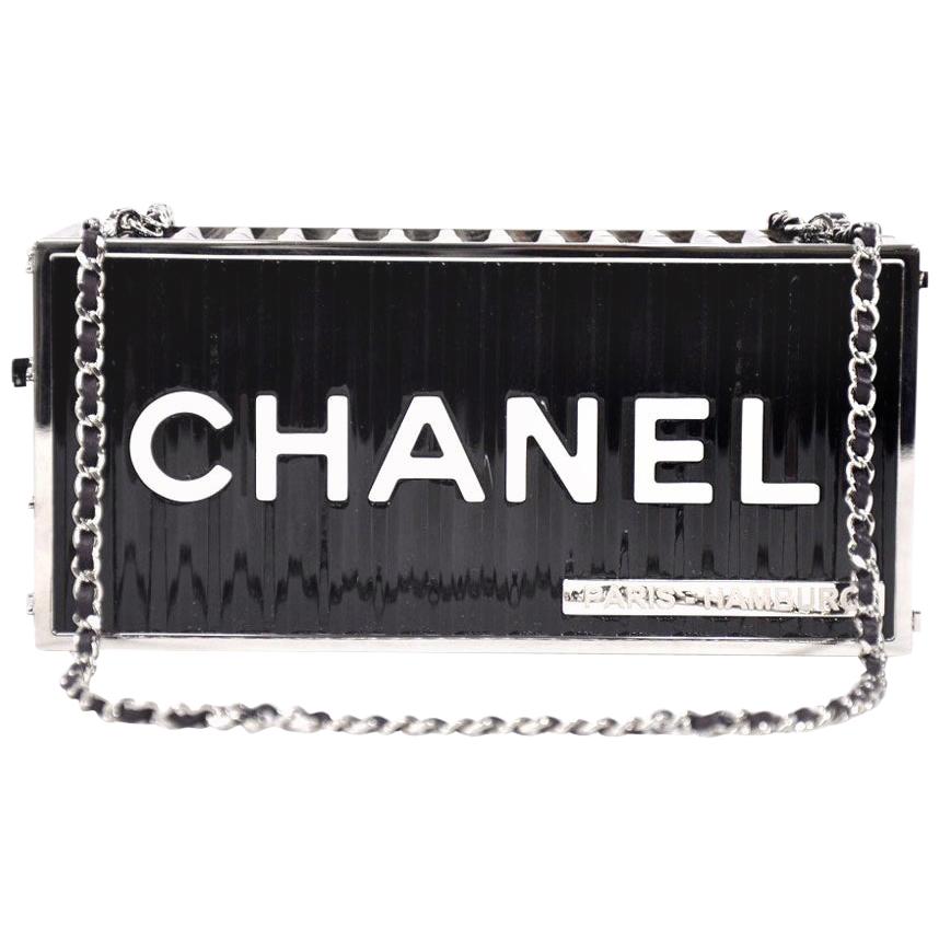 Chanel Runway Black Silver Rectangle Box 2 in 1 Clutch Shoulder Bag in Box 