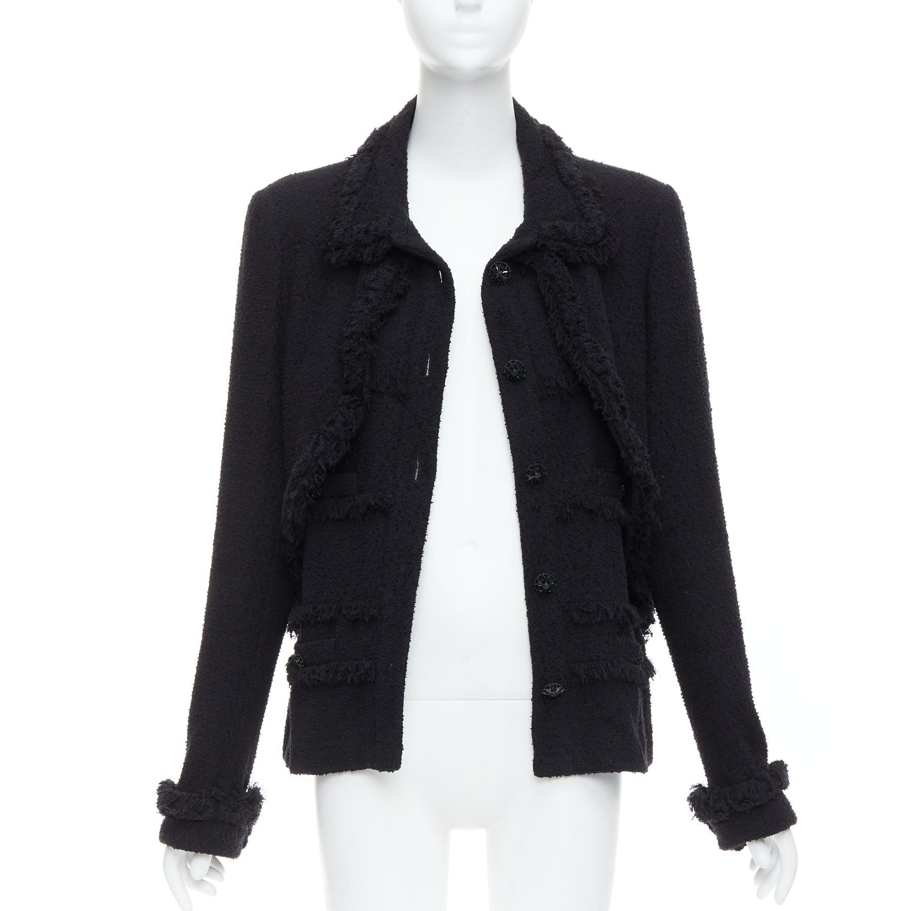Noir Chanel Runway noir tweed tressé frange garniture trompette veste 4 poches superposées