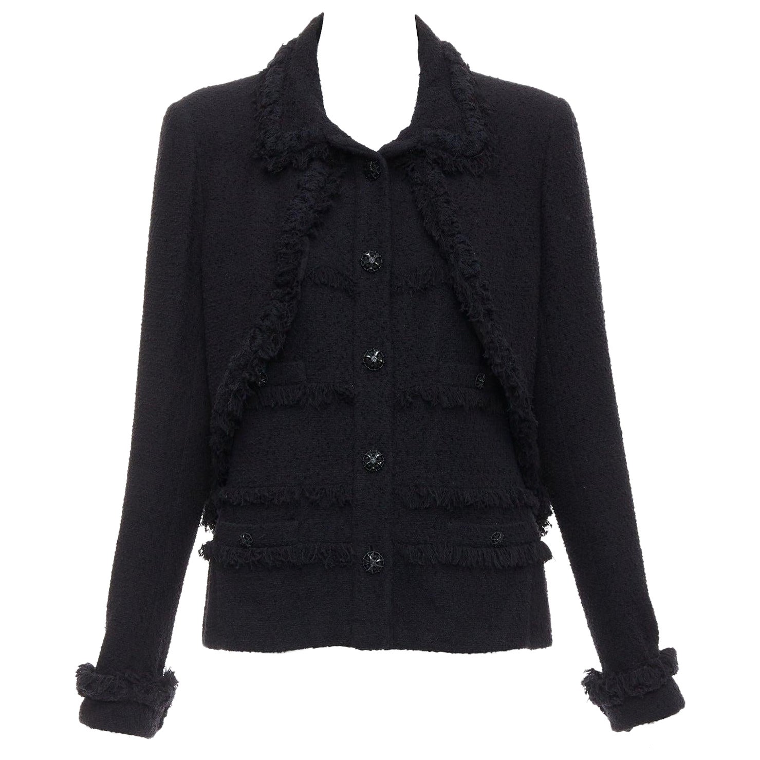 CHANEL Runway black tweed braided fringe trim tromp layered 4 pocket jacket