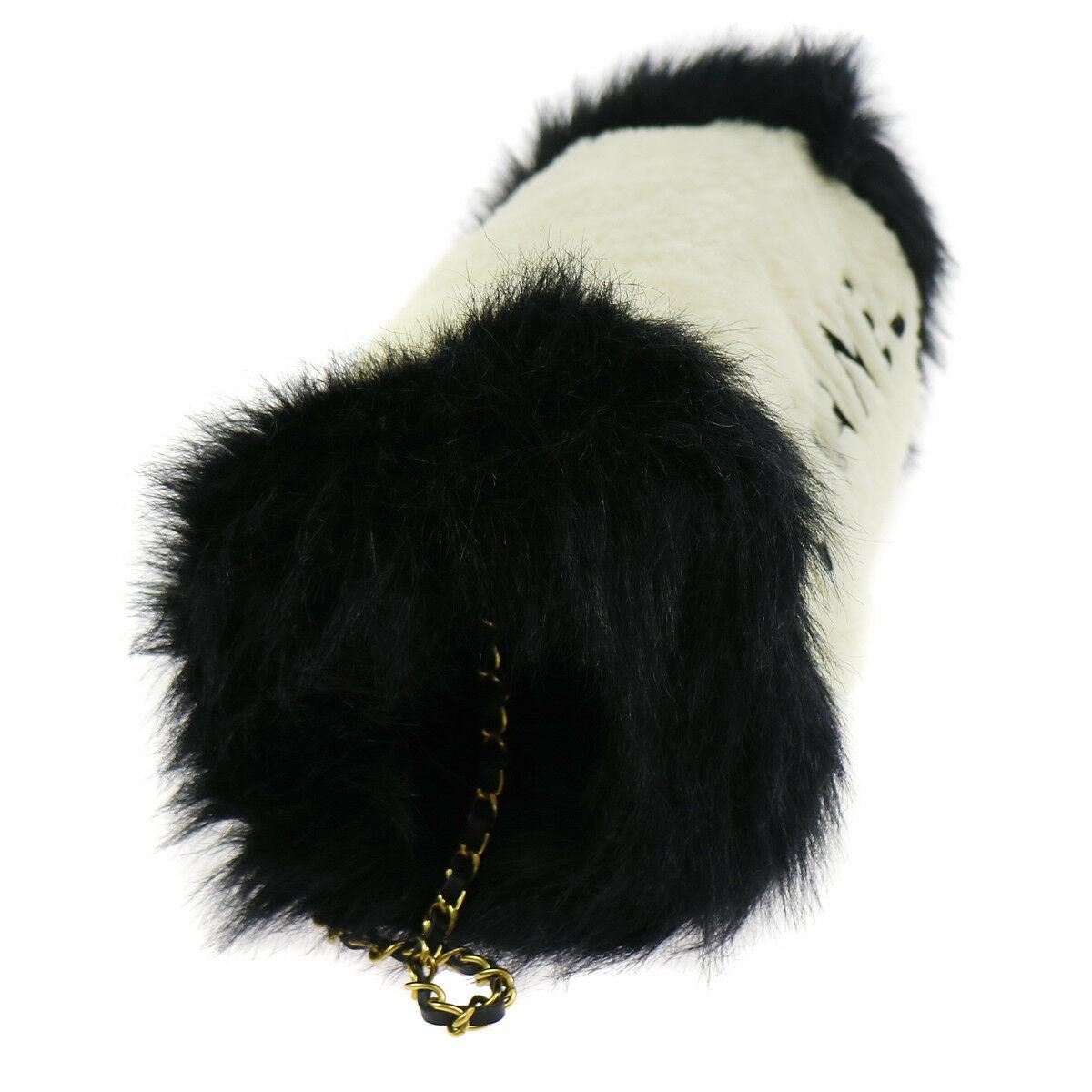 Chanel Runway Black White Fur Gold Logo Evening Muffler Shoulder Hand Mitt Bag 1