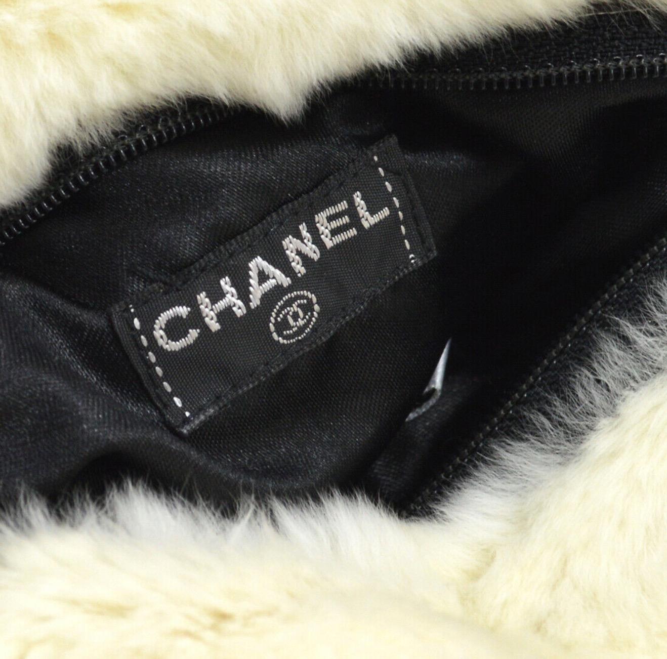 Women's Chanel Runway Black White Fur Gold Logo Evening Muffler Shoulder Hand Mitt Bag