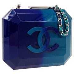Chanel Runway Blue Ombre Resin Silver Leather Evening Clutch Shoulder Box 
