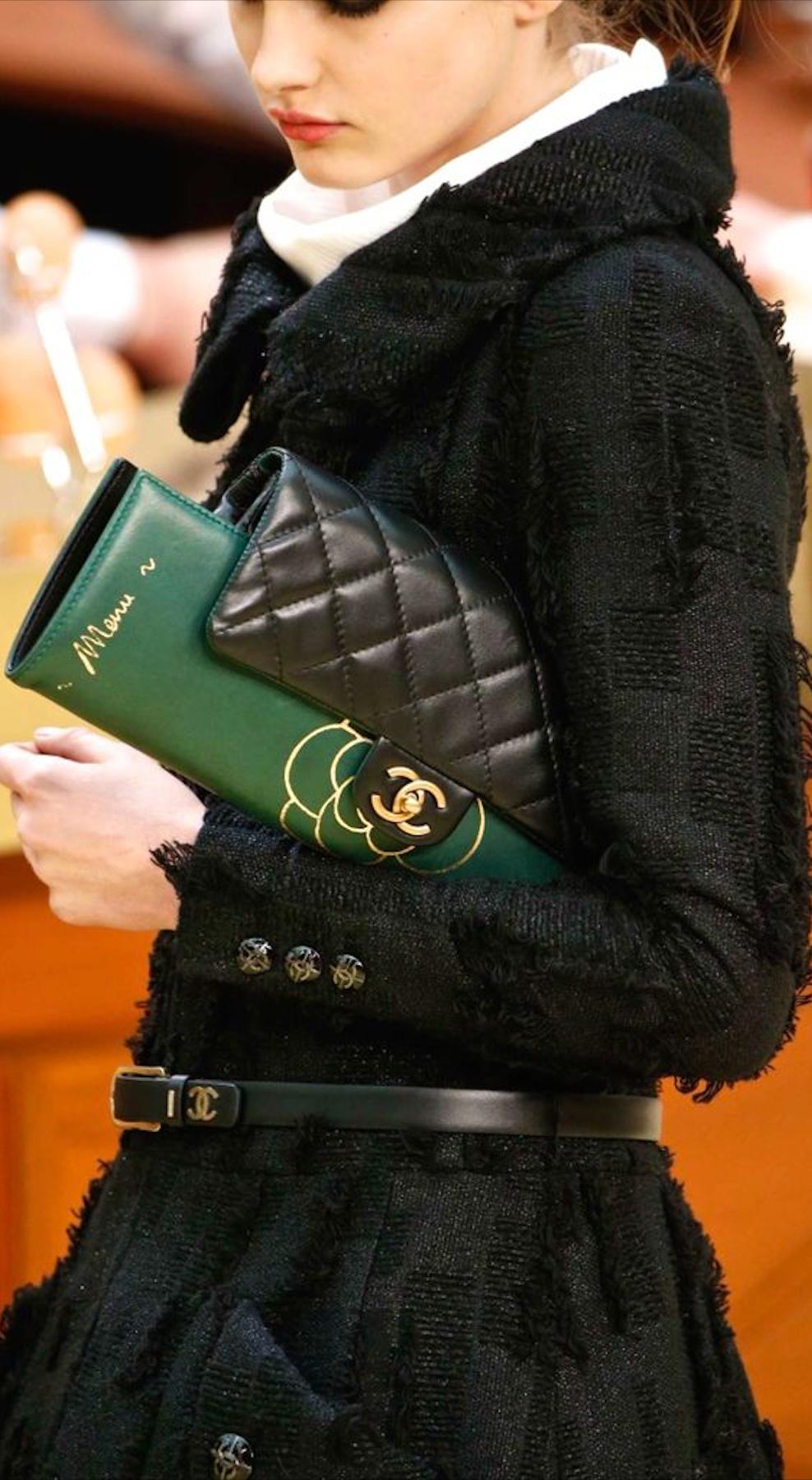 Green calfskin and quilted diamond stitch Chanel Menu clutch flap

Year: 2015
Gold hardware
Classic interlocking cc clasp
Interior large pocket
Two additional interior pockets
Interwoven chain
Can be carried as a flap or clutch
6.5” H x 15” W x 2”