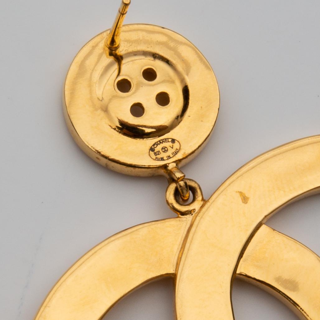 Women's or Men's Chanel Runway Button Metal Gold Logo Large Dangle Drop Statement Earrings (2021)