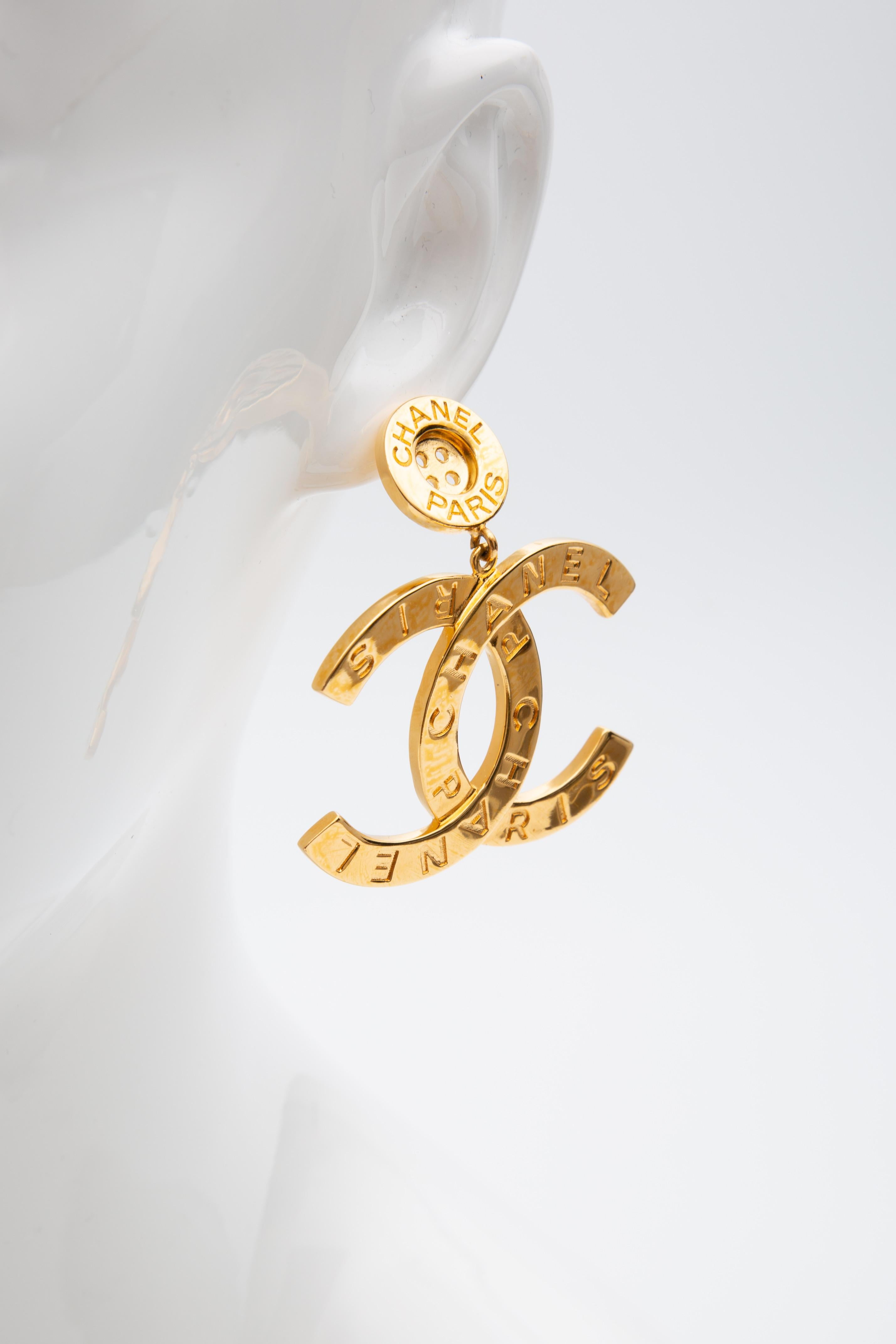 Chanel Runway Button Metal Gold Logo Large Dangle Drop Statement Earrings (2021) 1