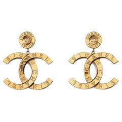Chanel Runway Button Metal Gold Logo Large Dangle Drop Statement Earrings (2021)