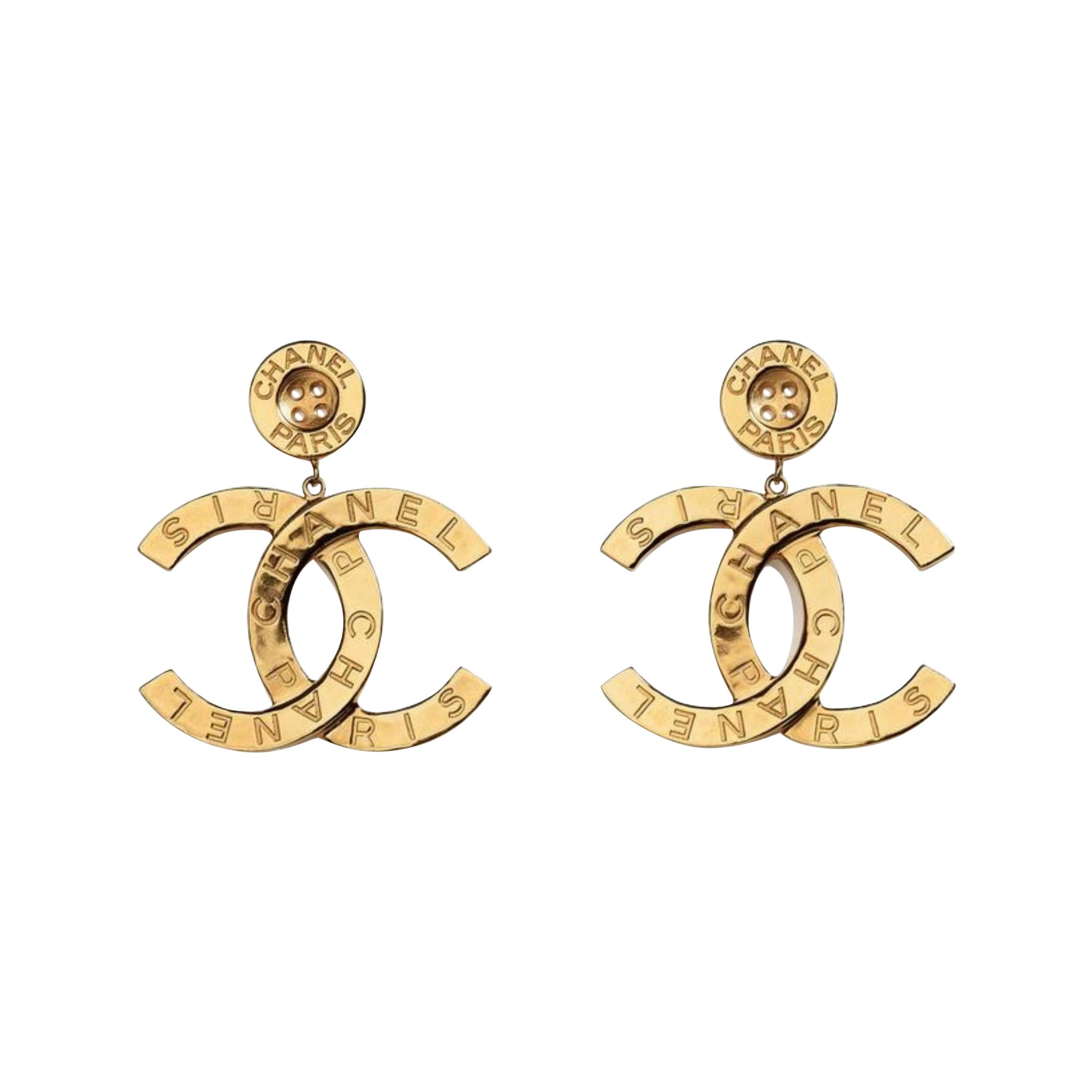 Chanel Runway Button Metal Logo Large Dangle Drop Statement Earrings (2021)