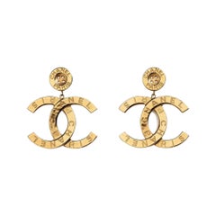 Chanel Runway Button Metal Logo Large Dangle Drop Statement Earrings (2021)