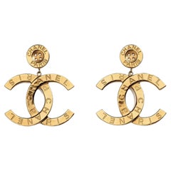 Chanel Runway Button Metal Logo Large Dangle Drop Statement Earrings (2021)  at 1stDibs
