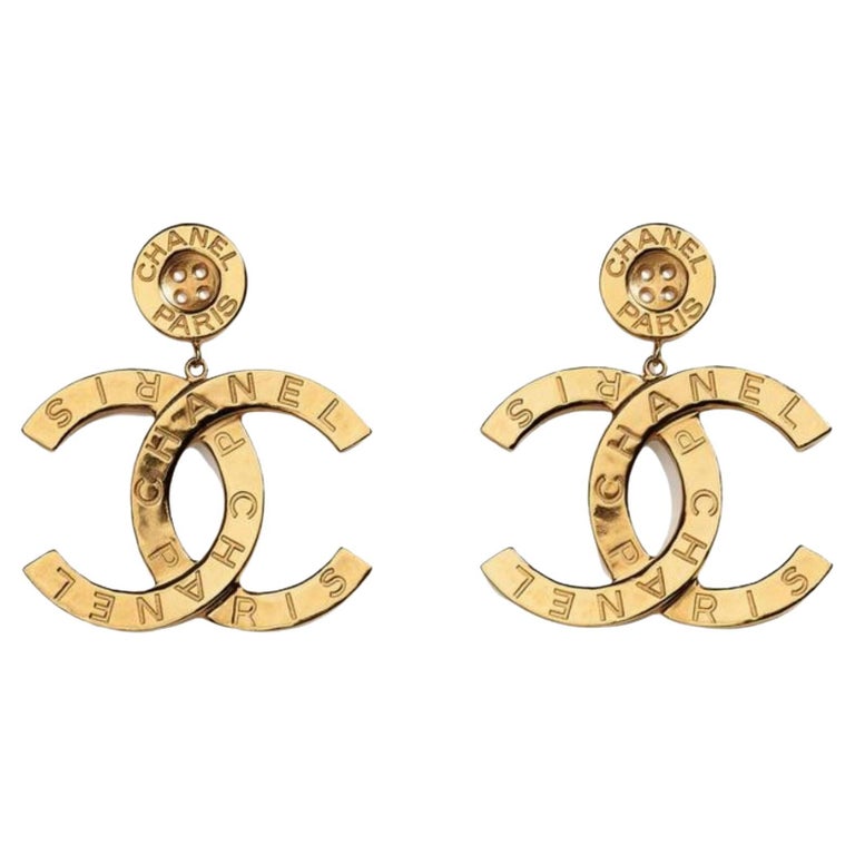 Chanel Runway Button Metal Logo Large Dangle Drop Statement Earrings (2021)  at 1stDibs