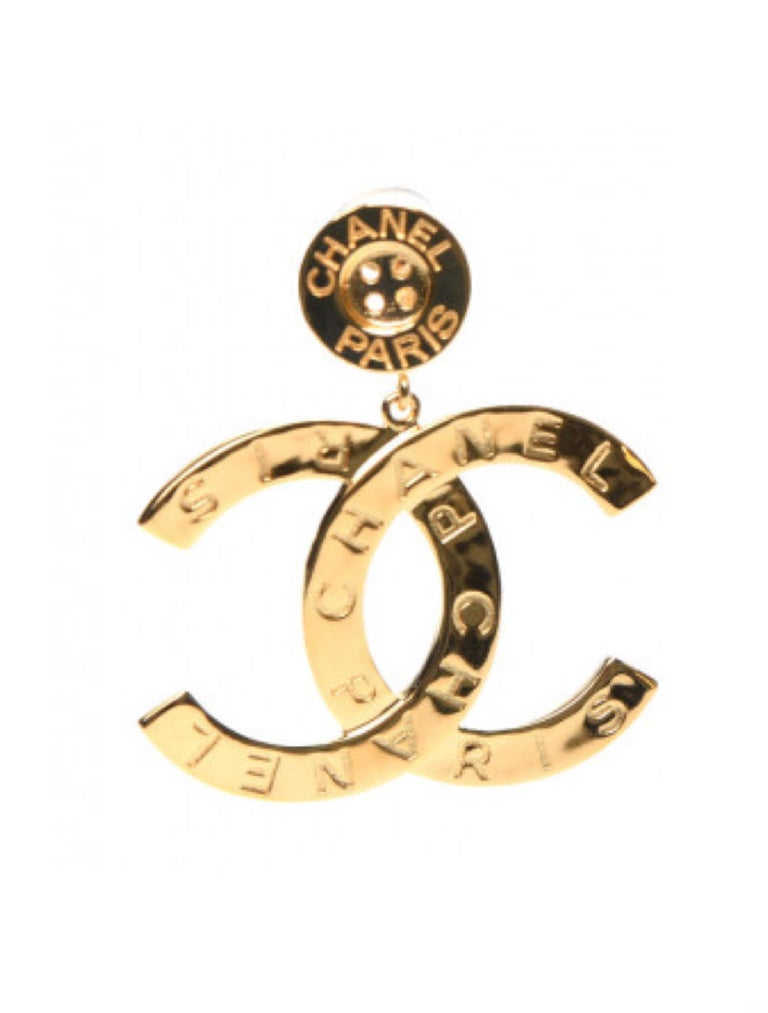 Chanel Runway Button Metal Logo Large Dangle Drop Statement Earrings In New Condition In Montreal, Quebec